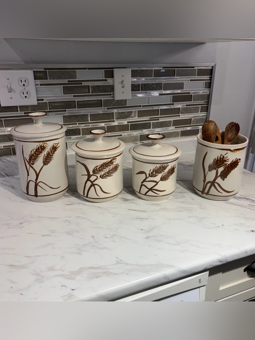 Vintage Pottery Canisters set with utensil holder wheat speckle signed handmade